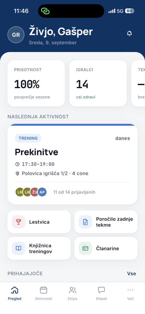 Ekran aplikacije eTrener s pregledom selekcije